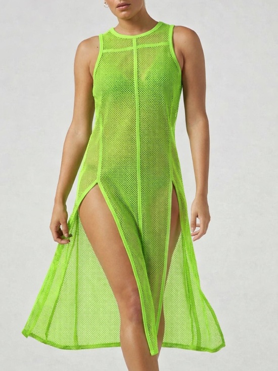 Blanc Noir Dresses & Skirts - Blanc Noir Taiyo Tunic Dress Neon Green Mesh Sleeveless High Slit Swim Cover-Up